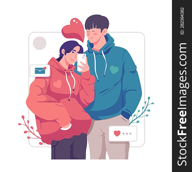 Young romantic girlfriend is taking selfie with her darling boyfriend with great passion. Happy young couple portrait. Valentine and Happy Anniversary concept