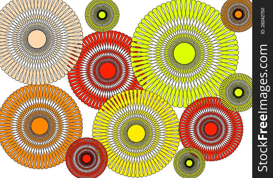 The Modern intricate circular floral abstract design on a white background is in yellow orange and red and ideal for wallpapers and backgrounds . The Modern intricate circular floral abstract design on a white background is in yellow orange and red and ideal for wallpapers and backgrounds .