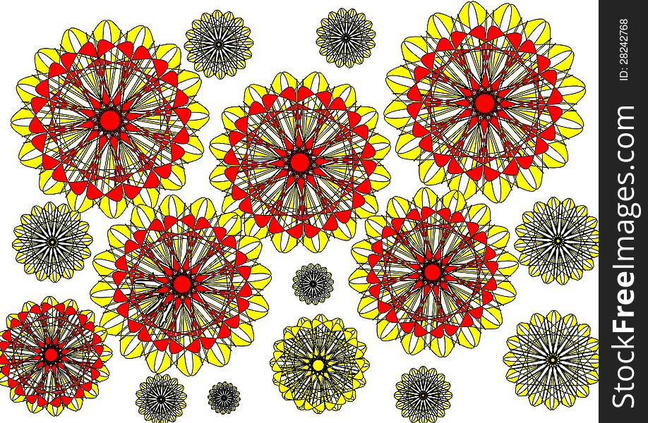 The Modern floral petalled intricate abstract design on a white background is in yellow and red and ideal for wallpapers and backgrounds with an unusual theme. The Modern floral petalled intricate abstract design on a white background is in yellow and red and ideal for wallpapers and backgrounds with an unusual theme.