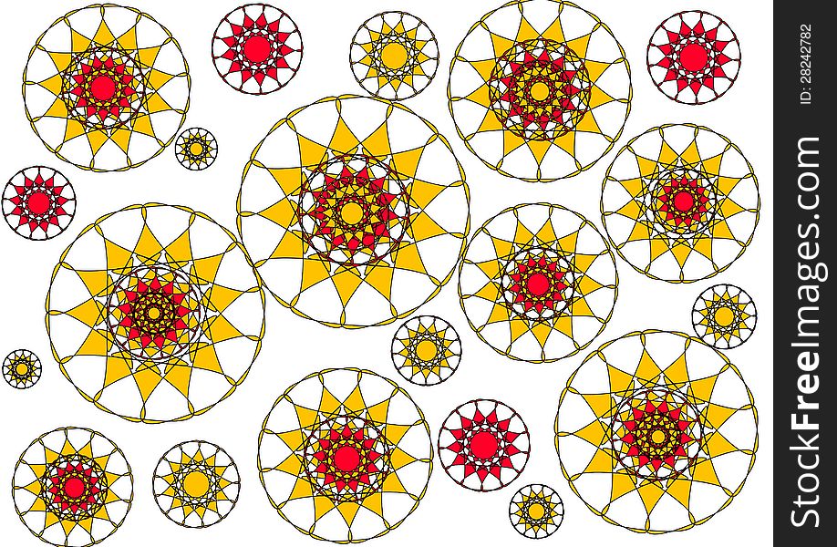 The Modern bright floral petalled intricate abstract design on a white background is in yellow and red and ideal for wallpapers and backgrounds with an unusual geometric theme. The Modern bright floral petalled intricate abstract design on a white background is in yellow and red and ideal for wallpapers and backgrounds with an unusual geometric theme.
