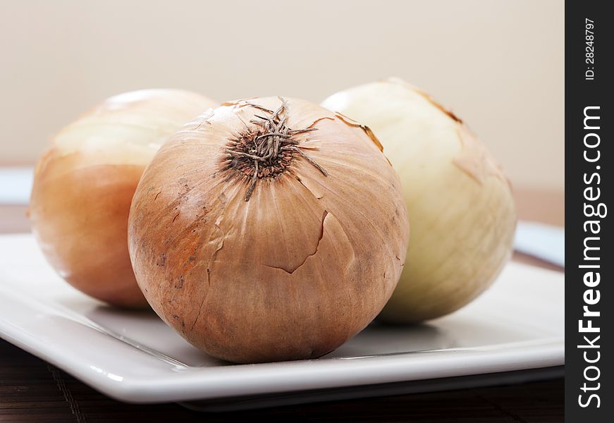 Onion close up on white plate