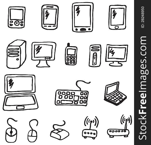 Icons set of hand drawn electronics equipment. Icons set of hand drawn electronics equipment