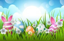 Happy Easter Background With Decorated Easter Eggs And Bunny Ears. Traditional Colored Easter Eggs With Green Grass, Flowers And S Royalty Free Stock Photos