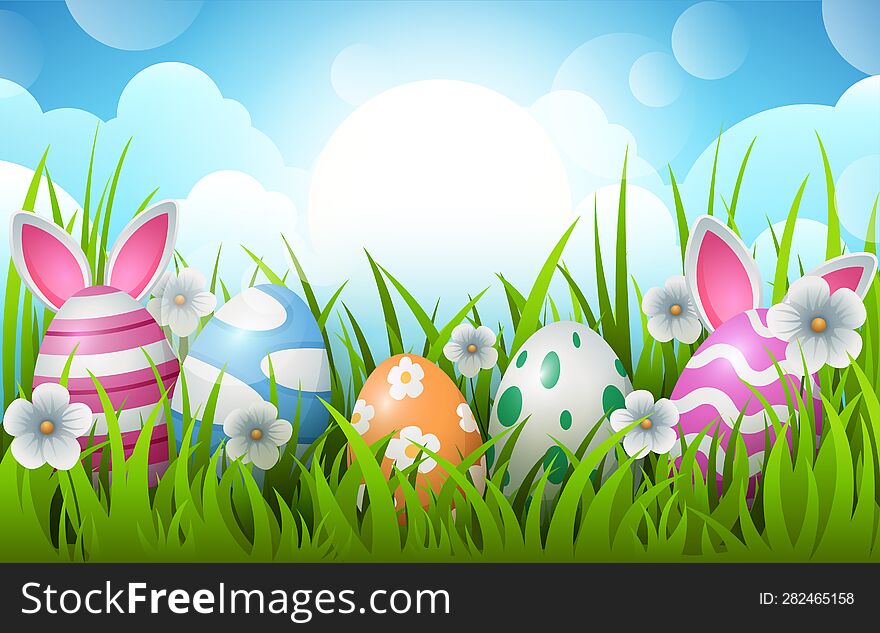 Happy Easter background with decorated Easter eggs and bunny ears. Traditional colored Easter eggs with green grass, flowers and s