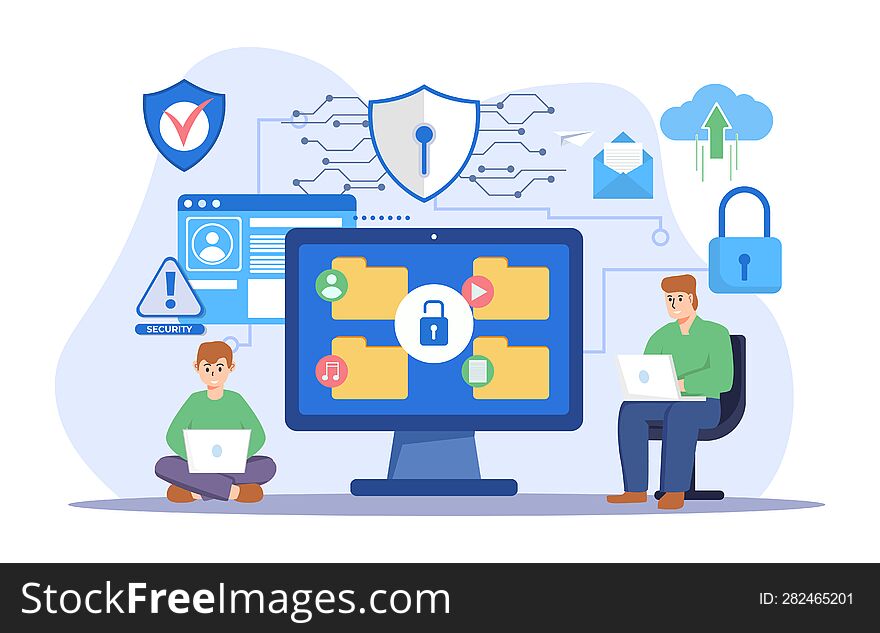 Digital data protection design illustration. Cyber security illustration background. Cloud computing network safety concept