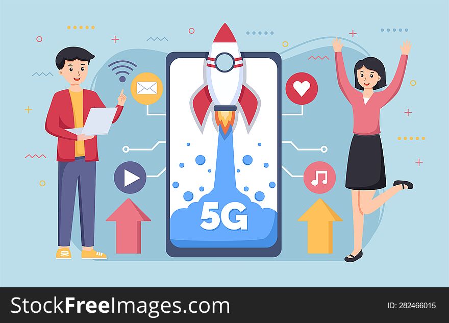 Mobile wireless 5th generation technology background design illustration. 5G banner of wireless system, internet of things, big da