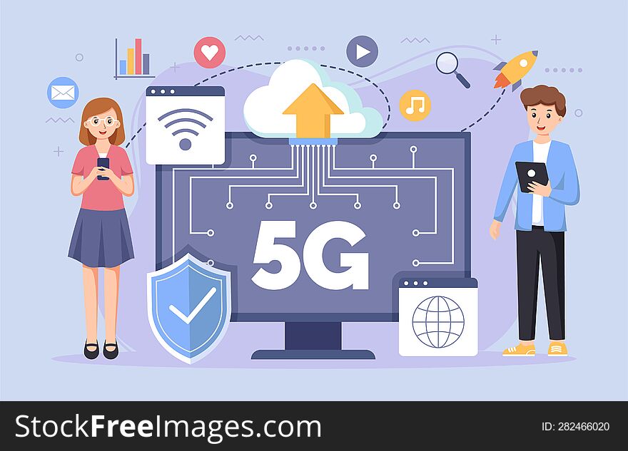 Mobile wireless 5th generation technology background design illustration. 5G banner of wireless system, internet of things, big data and traffic. 5G wireless network technology concept