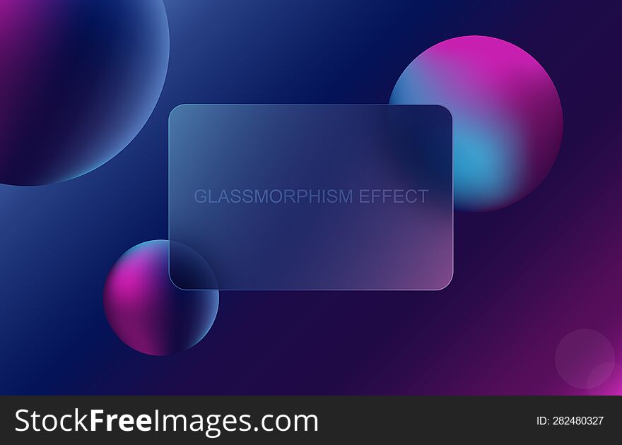 Glassmorphism effect. Transparent layout in glass morphism or glassmorphism style with neon balls. Blurred card or frame. Vector illustration