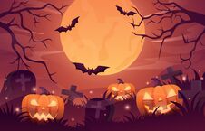 Halloween Background Illustration With Glowing Pumpkin, Scary Night Landscape Of Graveyard Under The Moonlight Royalty Free Stock Photos