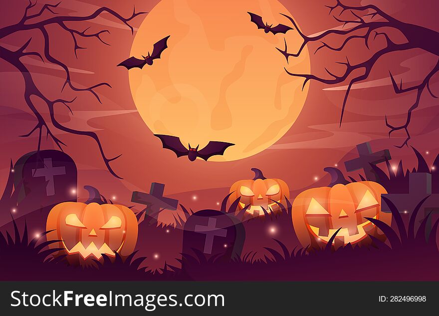 Halloween background illustration with glowing pumpkin, scary night landscape of graveyard under the moonlight