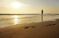 Woman Jogging Along The Edge Of The Ocean. Stock Photography