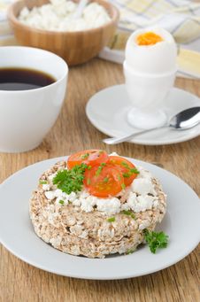 Bread With Cottage Cheese, Cherry Tomatoes, Boiled Egg And Coffe Royalty Free Stock Image Bread With Cottage Cheese, Cherry Tomatoes, Boiled Egg And Coffe Royalty Free Stock Image