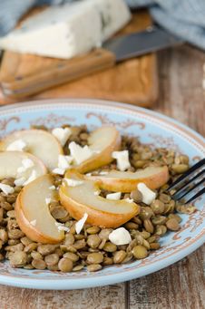 Lentil Salad With Caramelized Pears And Blue Cheese Selective Fo Stock Photo Lentil Salad With Caramelized Pears And Blue Cheese Selective Fo Stock Photo