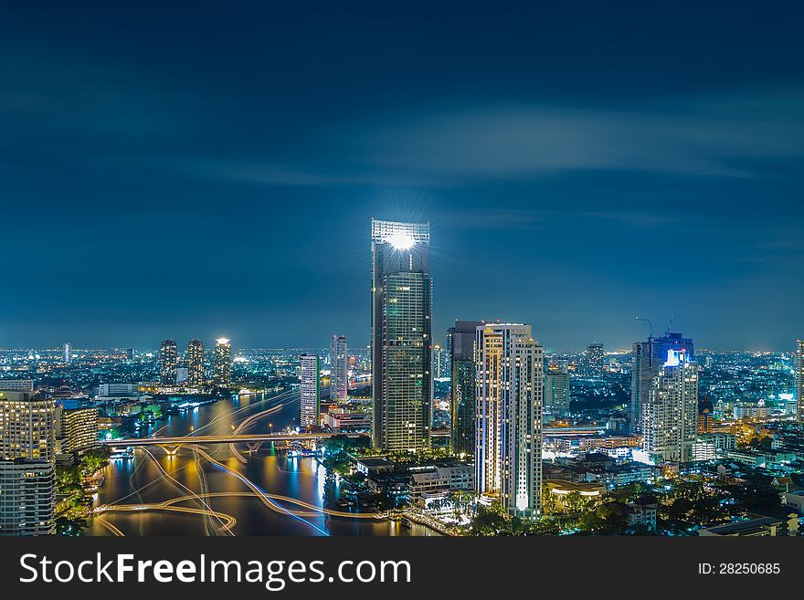 Chao Phraya River in Bangkok city high view at twilight. Chao Phraya River in Bangkok city high view at twilight