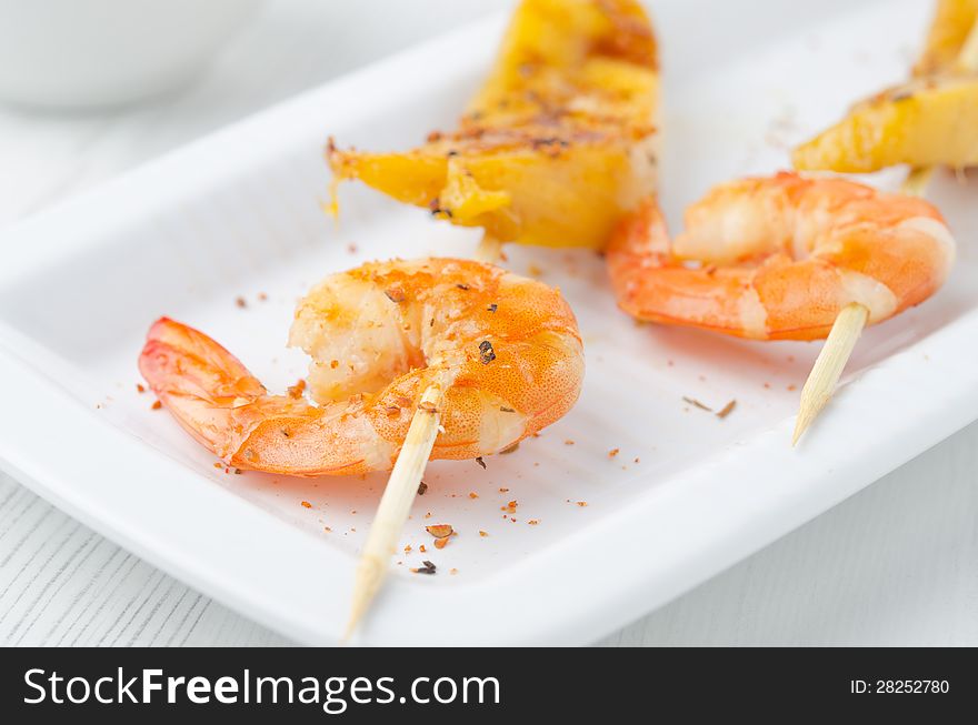 Grilled Shrimp And Mango In The Glaze Closeup