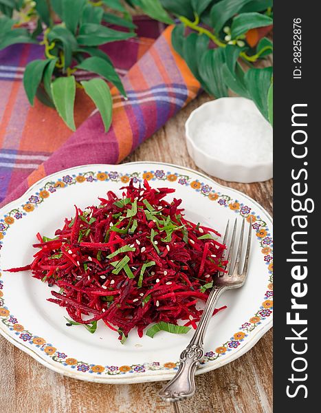 Salad of fresh beets and carrots with parsley