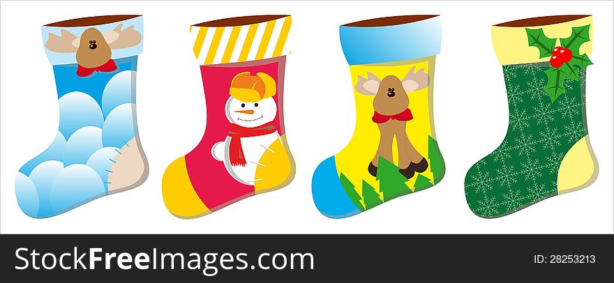 Collection of colorful illustrations of Christmas boots, isolated on white background. Useful also as banners. Cdr file available.