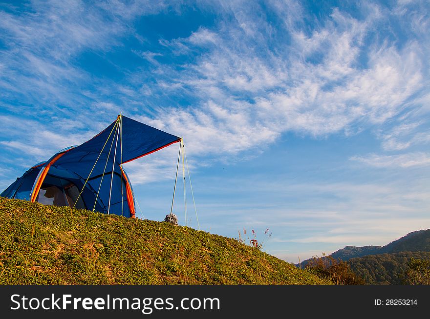 Blue tent on the mountain. Blue tent on the mountain