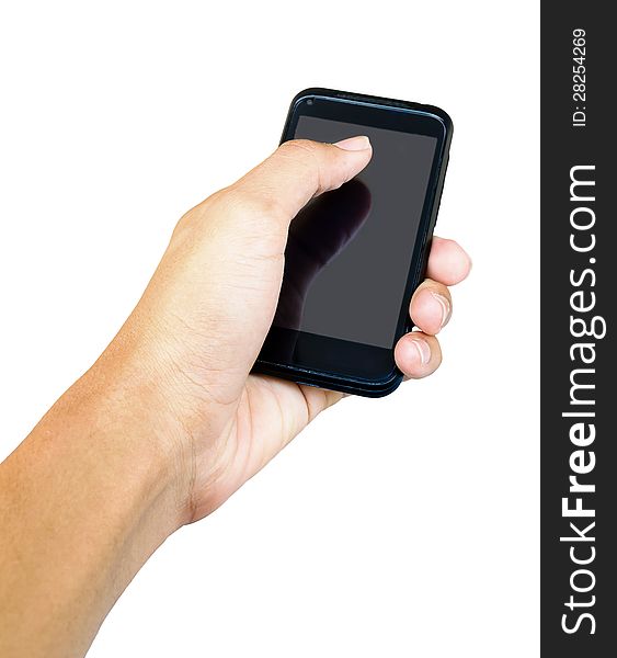 Touch screen mobile phone, in hand on white background