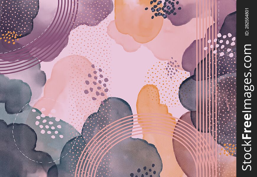 Watercolor Abstract background on purple colors with dots and line