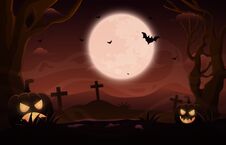 Halloween Background Design Illustration With Scary Night Landscape Of Graveyard And Glowing Pumpkin Under The Moonlight Stock Photo