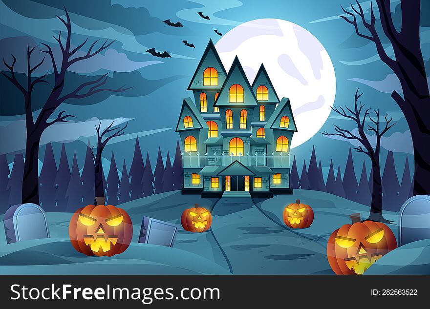 Happy Halloween background design illustration with graveyard, glowing pumpkin lantern, scary castle in the spooky jungle under th