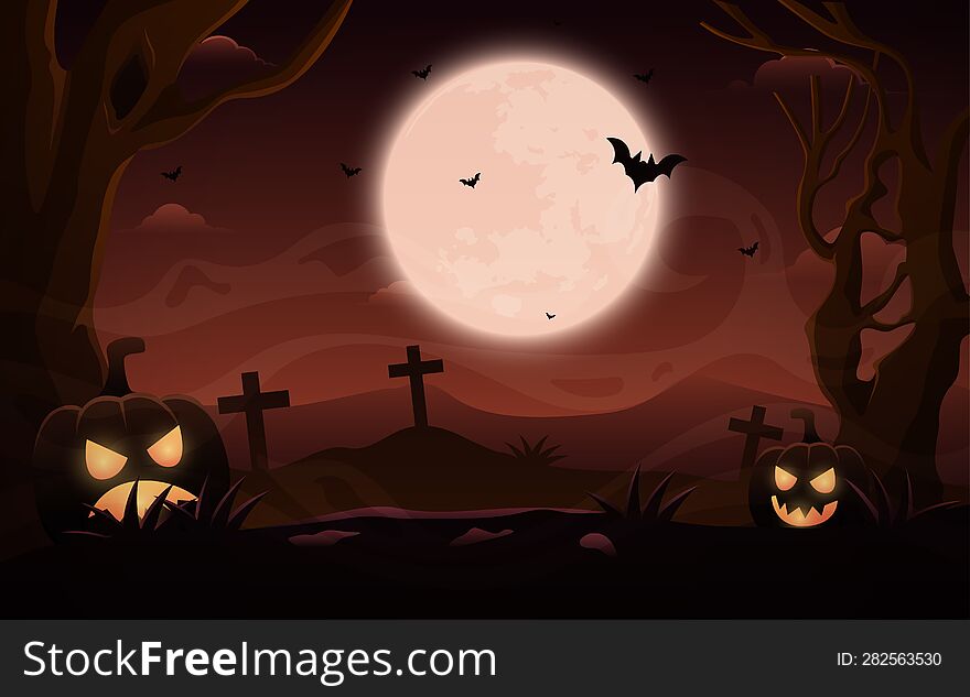 Halloween background design illustration with scary night landscape of graveyard and glowing pumpkin under the moonlight