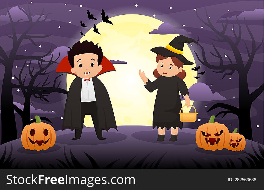 Happy Halloween background design illustration with kids in Halloween costumes.