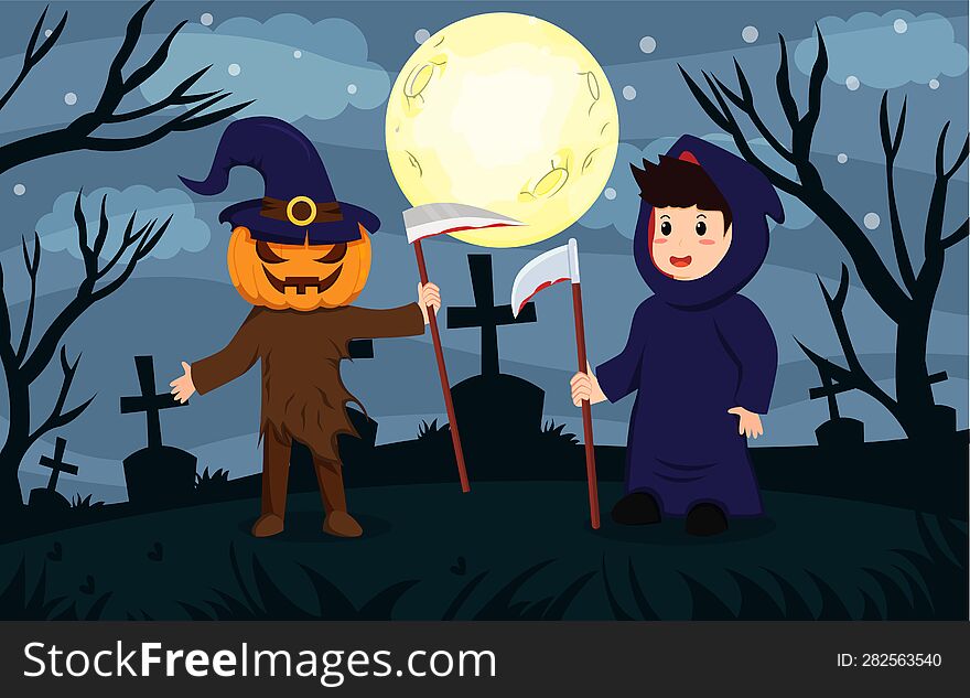 Happy Halloween background design illustration with kids in pumpkin and devil Halloween costumes. Treat or trick fantasy fun party holiday celebration