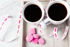 Two Coffee Cups With Pink Candies Stock Photo Two Coffee Cups With Pink Candies Stock Photo