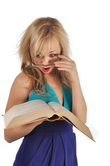 Young Woman With Glasses And Book Prepare For The Session. Isolated On White Stock Photos Young Woman With Glasses And Book Prepare For The Session. Isolated On White Stock Photos