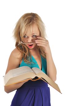 Young Woman With Glasses And Book Prepare For The Session. Isolated On White Royalty Free Stock Photo Young Woman With Glasses And Book Prepare For The Session. Isolated On White Royalty Free Stock Photo