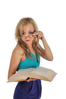 Young Woman With Glasses And Book Prepare For The Session. Isolated On White Royalty Free Stock Photo Young Woman With Glasses And Book Prepare For The Session. Isolated On White Royalty Free Stock Photo