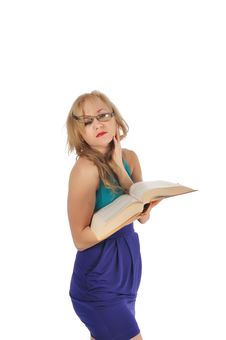 Young Woman With Glasses And Book Prepare For The Session. Isolated On White Royalty Free Stock Images Young Woman With Glasses And Book Prepare For The Session. Isolated On White Royalty Free Stock Images