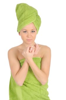 Spa Girl. Beautiful Young Woman After Bath With Green Towel. Isolated On White Royalty Free Stock Image