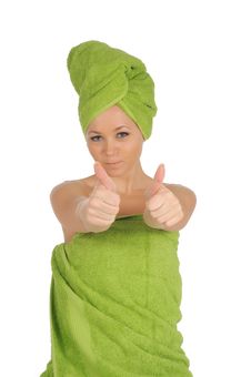 Spa Girl. Beautiful Young Woman After Bath With Green Towel. Isolated On White Stock Photo Spa Girl. Beautiful Young Woman After Bath With Green Towel. Isolated On White Stock Photo