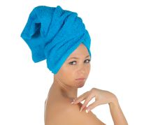 Spa Girl. Beautiful Young Woman After Bath With Blue Towel. Isolated On White Royalty Free Stock Photo