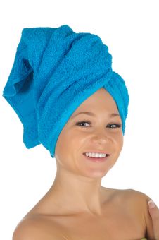 Spa Girl. Beautiful Young Woman After Bath With Blue Towel. Isolated On White Royalty Free Stock Image