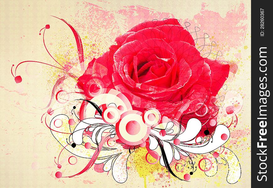 Illustration of big red rose with floral elements background. Illustration of big red rose with floral elements background.