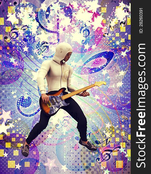 Illustration of funky guitarist colorful music background.