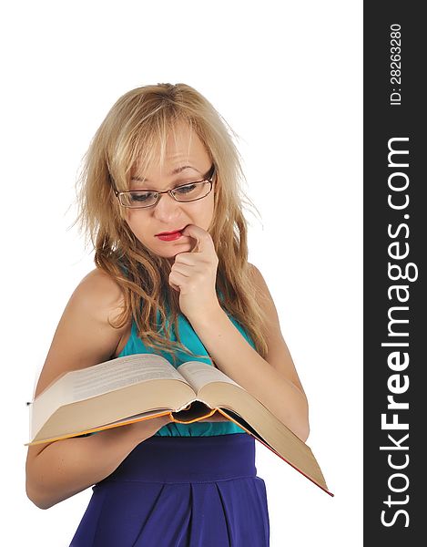 Young woman with glasses and book prepare for the session. Isolated on white.