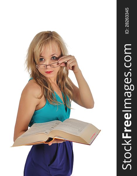 Young woman with glasses and book prepare for the session. Isolated on white.