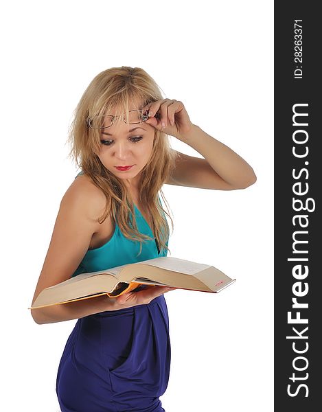 Young woman with glasses and book prepare for the session. Isolated on white.