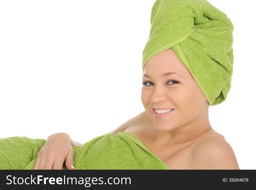 Spa Girl. Beautiful Young Woman After Bath With Green Towel. Isolated On White