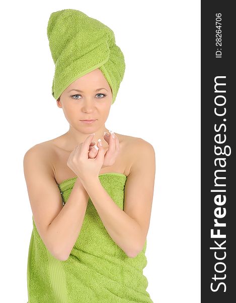 Spa Girl. Beautiful Young Woman After Bath With Green Towel. Isolated On White