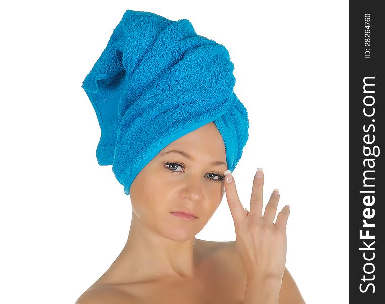 Spa Girl. Beautiful Young Woman After Bath with blue towel. isolated on white.