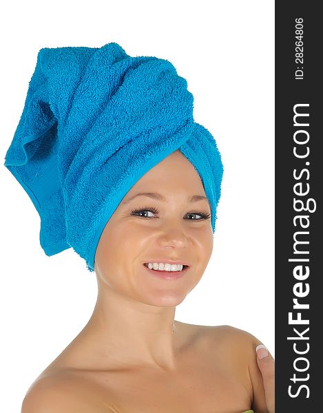 Spa Girl. Beautiful Young Woman After Bath with blue towel. isolated on white.