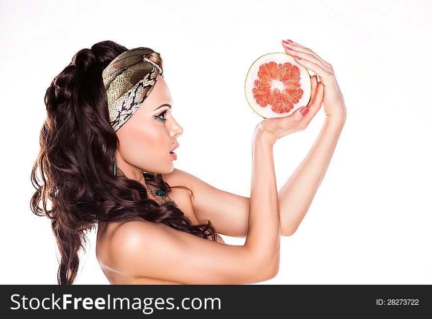 Beauty Young Woman Brunette Preferring Low Calorie Food - Citrus