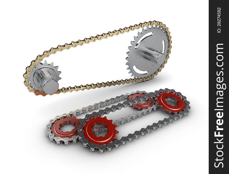 Sprocket with metal red and gold link chain. Sprocket with metal red and gold link chain