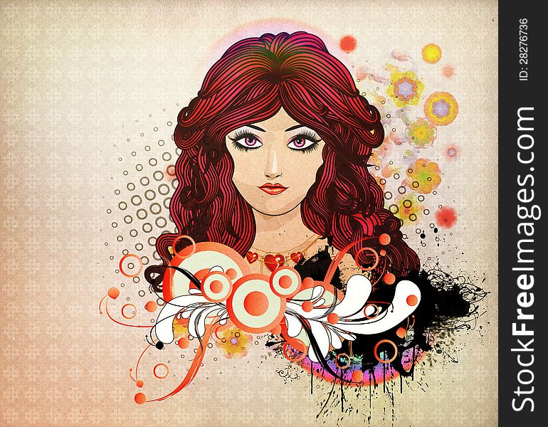 Illustration of girl with red hair and flourish abstract background. Illustration of girl with red hair and flourish abstract background.